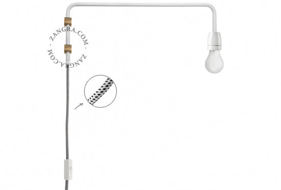 ZANGRA - Lampe potence pivotante en laiton blanc et porcelaine avec fiche et interrupteur